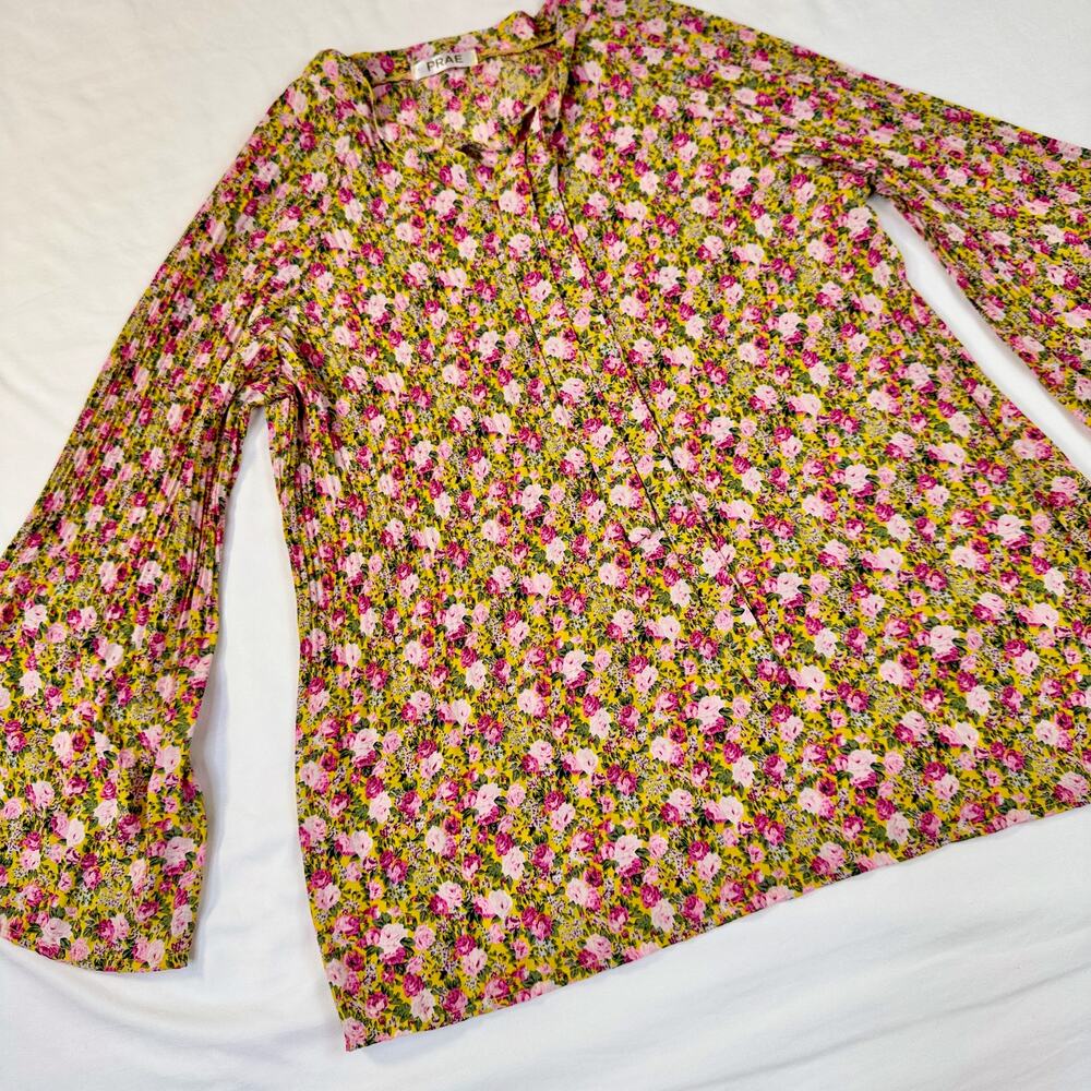Prae Floral Bell Sleeve Blouse Women's Yellow Pink Boho Cottagecore Prarie - Picture 4 of 12